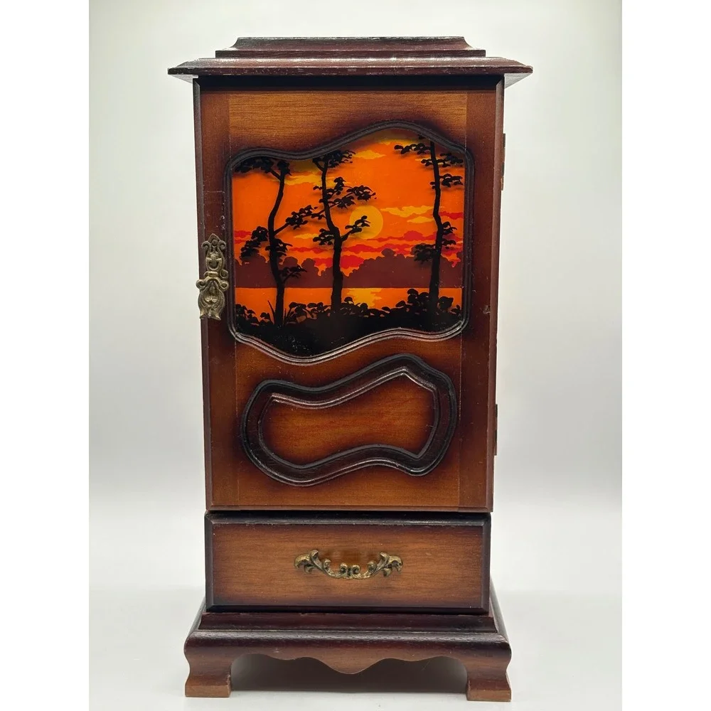 Vintage Wooden Jewelry Box Armoire Sunset Scene Music Box Cabinet 3 Drawers